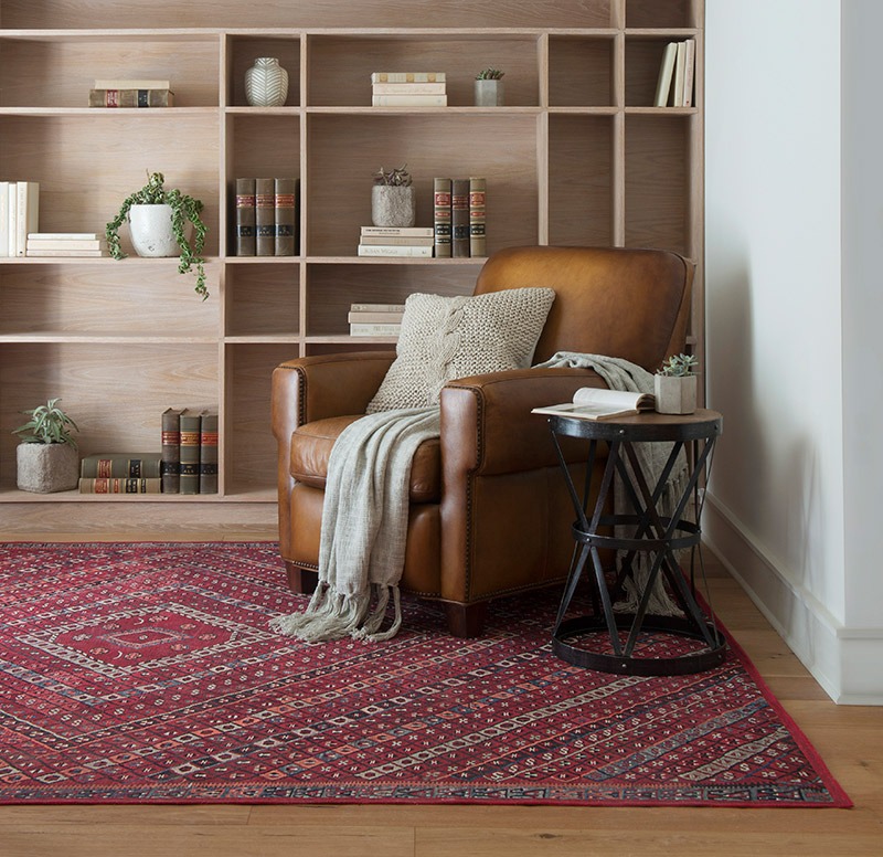 Area rug with an armchair and bookcase