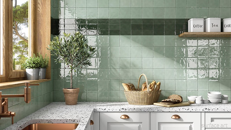 Glossy Green Kitchen Tile Backsplash
