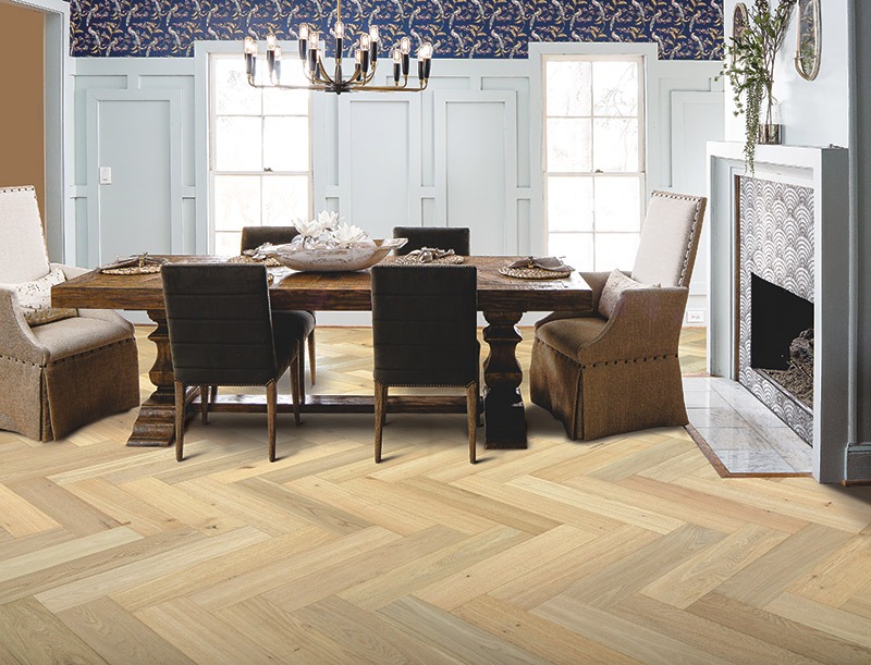 Herringbone hardwood in a dining room