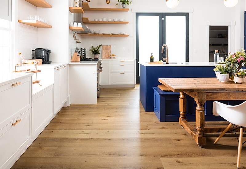 Light knotty COREtec luxury vinyl in a kitchen
