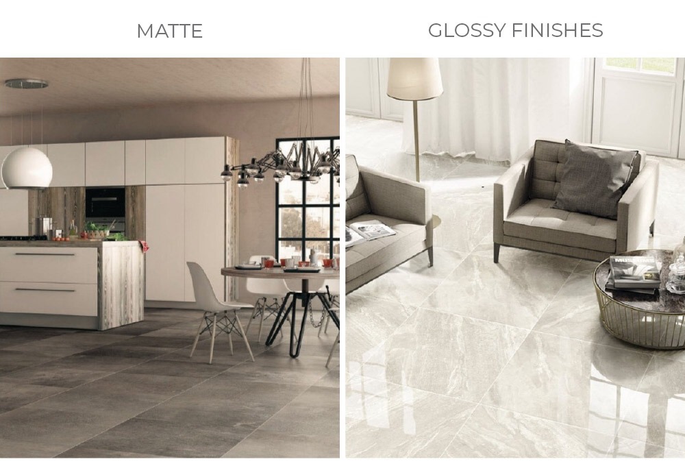 Types of tile flooring - matte and glossy finishes